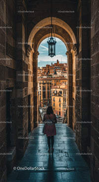 Historic Archway with Lantern Overlooking European Cityscape