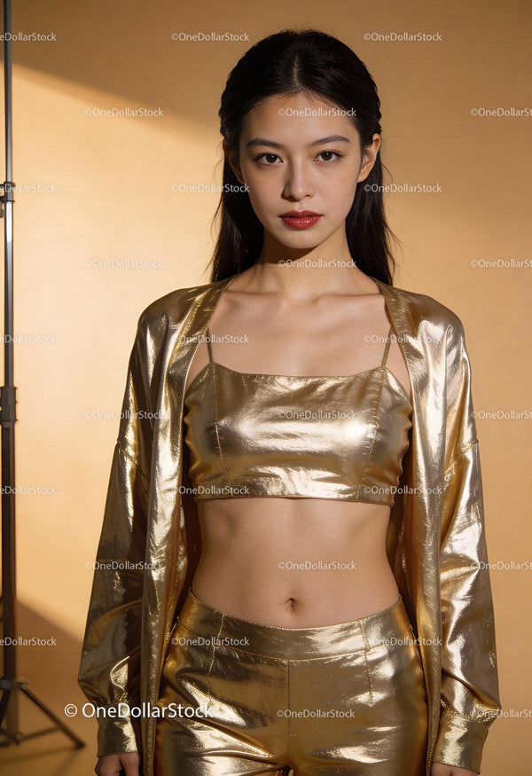 Confident young woman in stylish metallic gold outfit