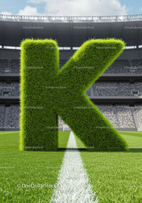 Large Grass Letter K Standing on Football Field