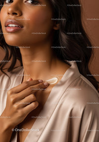 Elegant Woman with Smooth Skin and Silky Hair in Beige Blouse