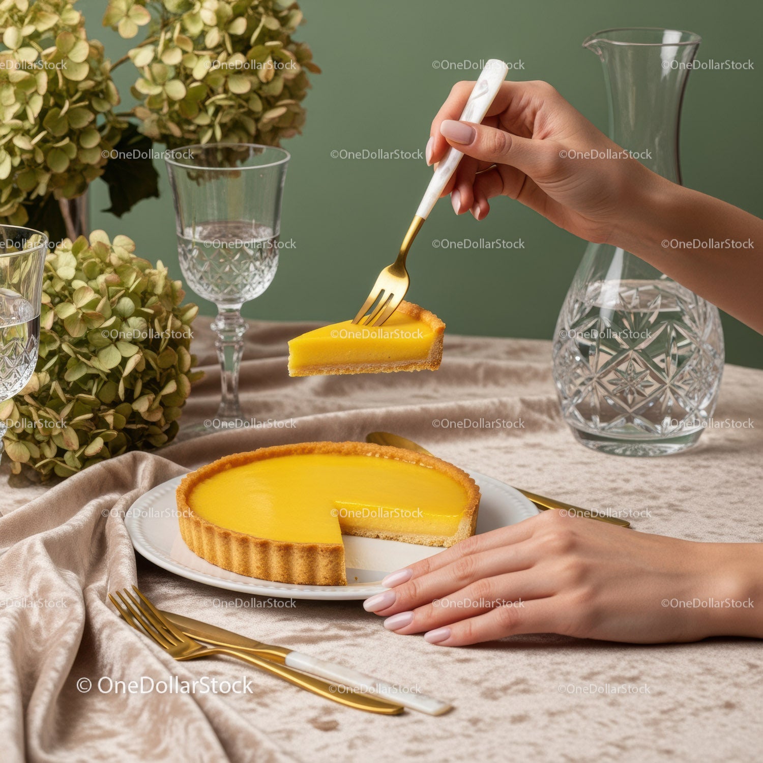 Elegant Lemon Tart on Fine Dining Table with Crystal Glassware