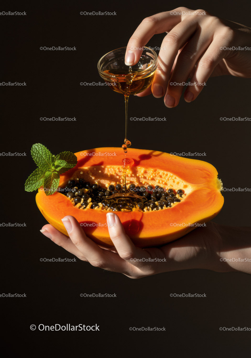 Pouring Honey Over Fresh Papaya Half with Seeds