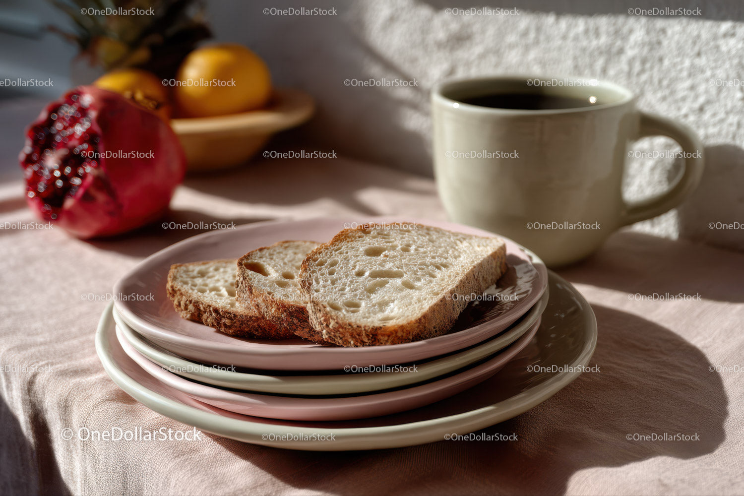 Fresh Wheat Bread Slices on a Plate for Breakfast