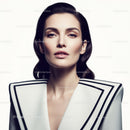 Elegant Fashion Model Wearing White Blazer with Black Trim