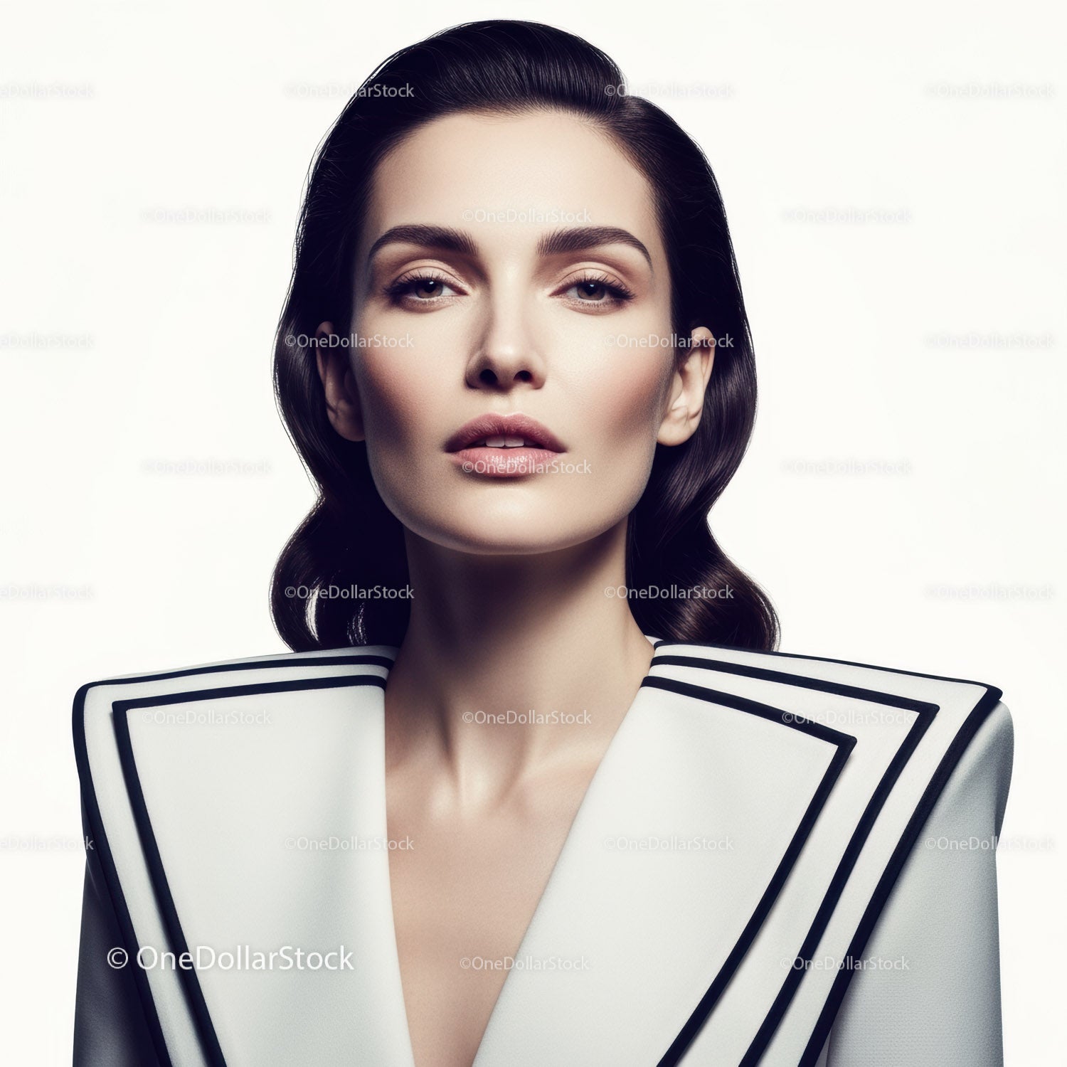 Elegant Fashion Model Wearing White Blazer with Black Trim