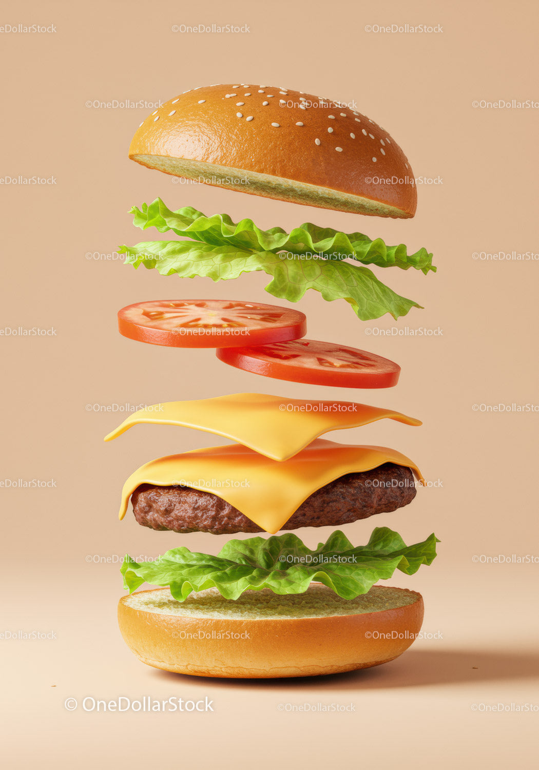 Dekonstruowany cheeseburger ze świeżymi składnikami pływający