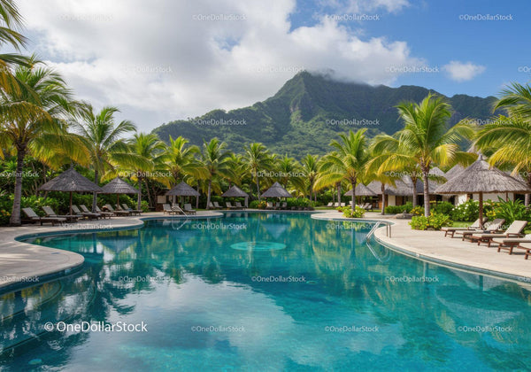 Lush Tropical Resort with Swimming Pool and Mountain Backdrop
