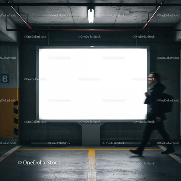 Blurred pedestrian walking past empty illuminated billboard JPG Mockup Image
