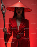 Elegant Woman in Red Dress with Accessories Against Red Background