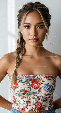 Beautiful Woman Wearing Floral Strapless Top with Braided Hair
