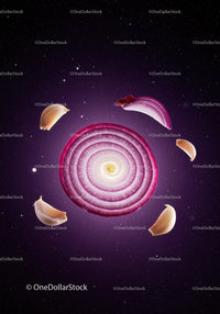Red onion slice with garlic cloves in cosmic background