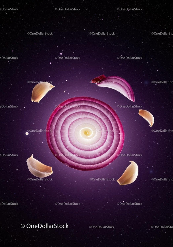 Red onion slice with garlic cloves in cosmic background