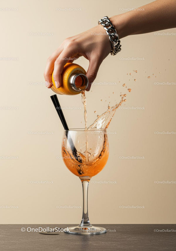 Pouring Orange Drink Into Wine Glass With Splash