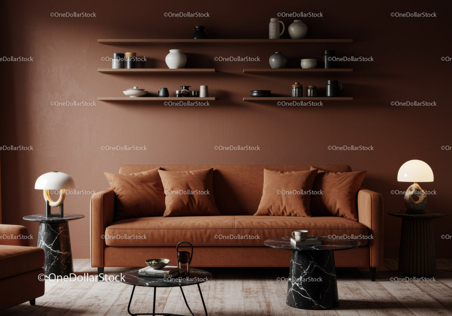 Cozy modern living room with brown leather sofa and decor