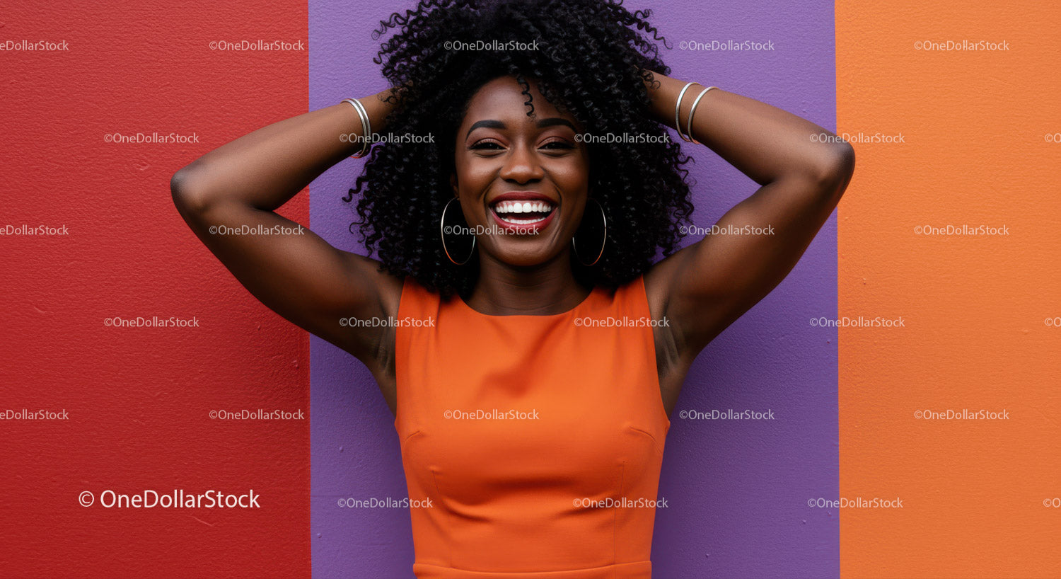 Vibrant Smiling Woman with Curly Hair in Colorful Background