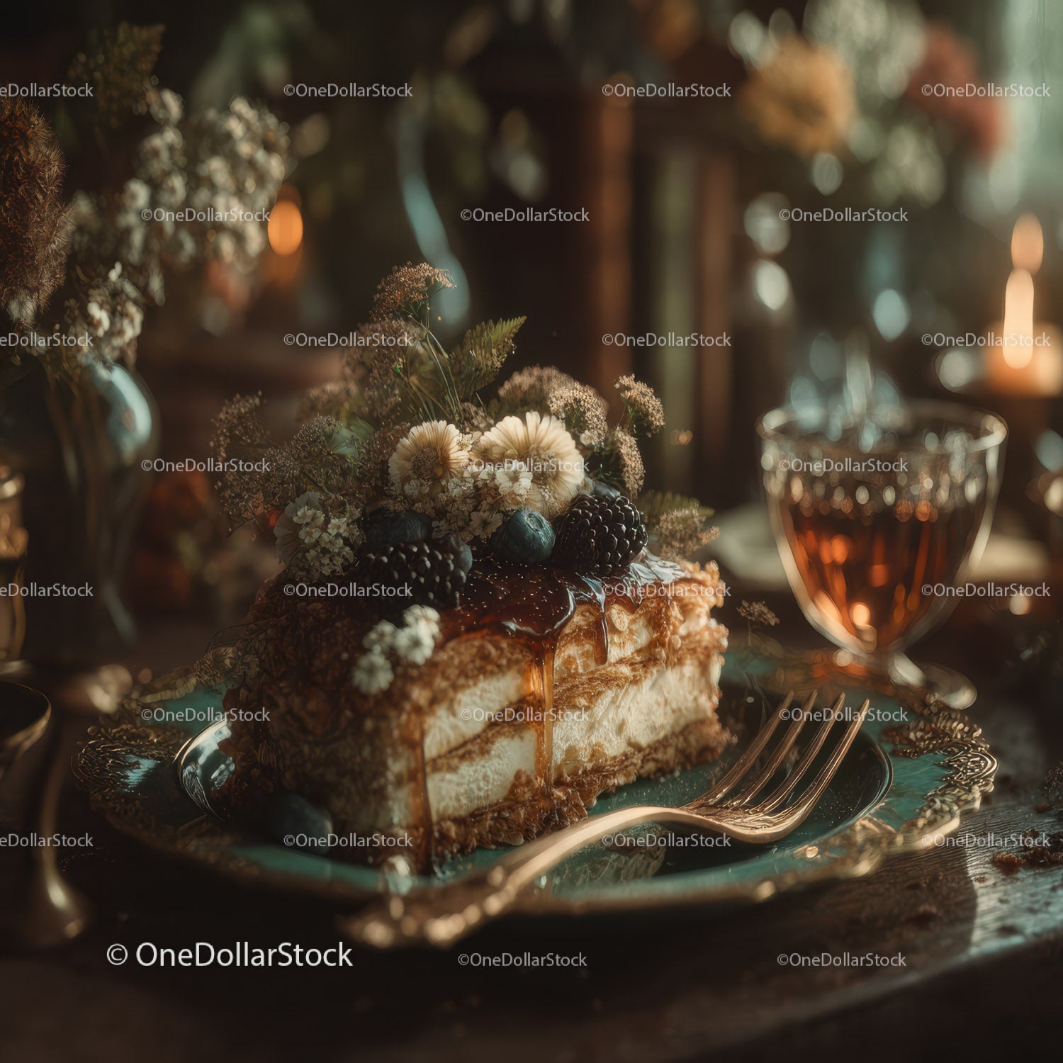 Eleganckie ciasto czekoladowe z jagodami i kwiatami na uroczystości