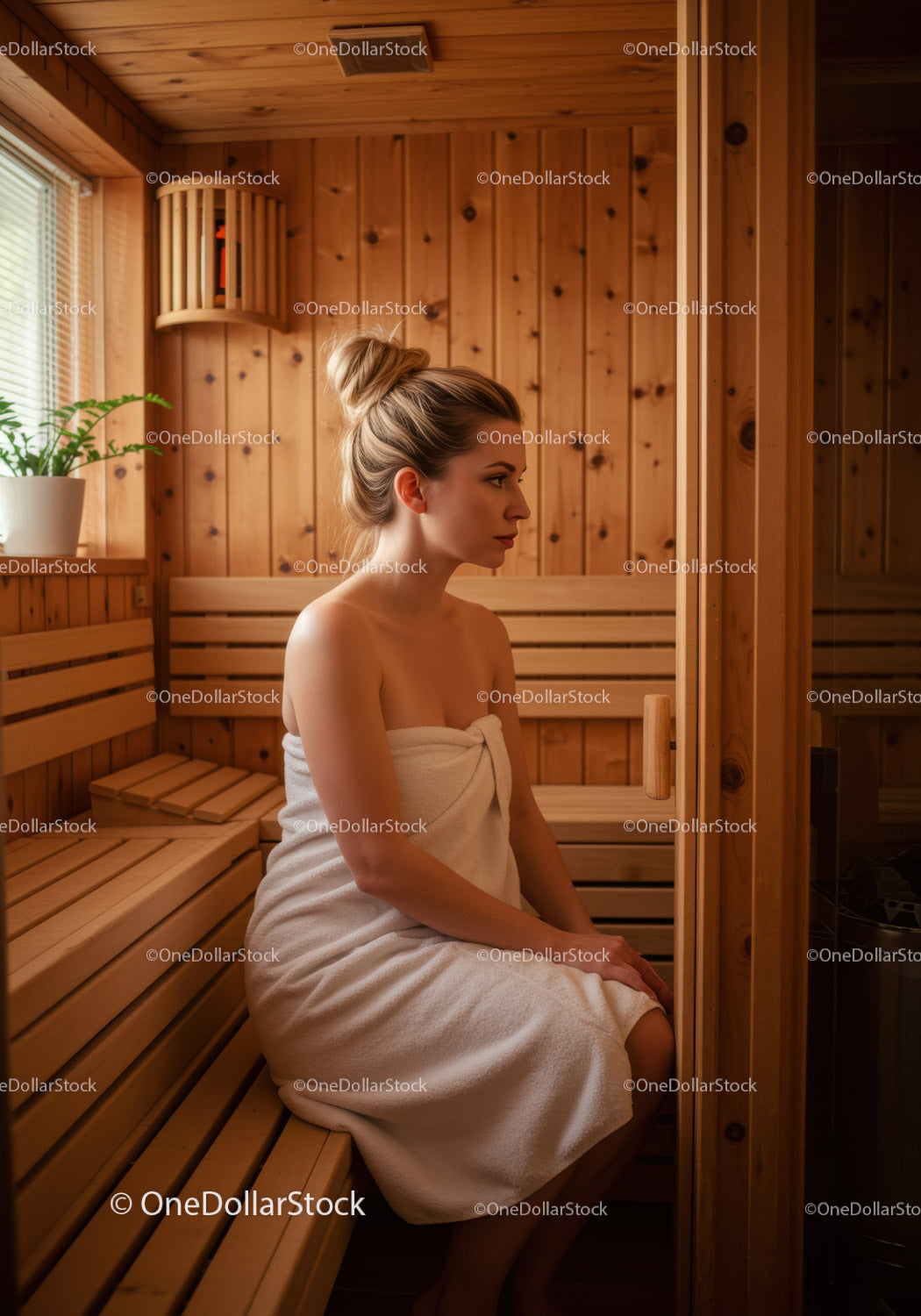 Relaxing Woman Sitting in Cozy Wooden Sauna With Towel Wrapped