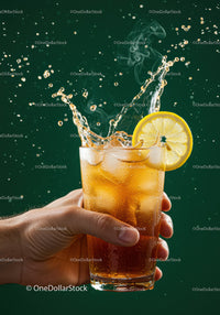 Refreshing iced tea with lemon splash in hand