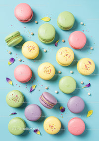 Colorful French macarons with decorative flower petals