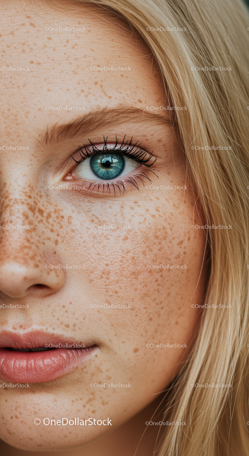 Close up of freckled woman with blue eyes and blonde hair