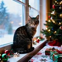 Tabby Cat Sitting on Window Sill by Christmas Tree