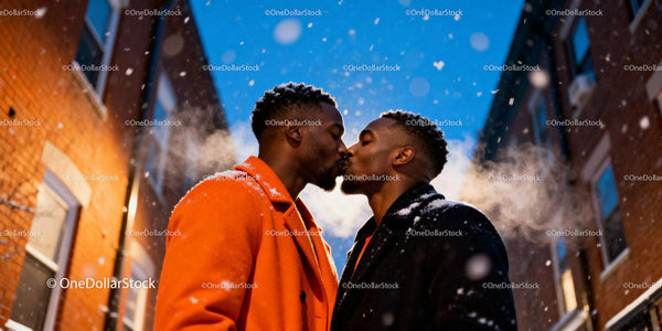 Romantic winter kiss between two men in city street
