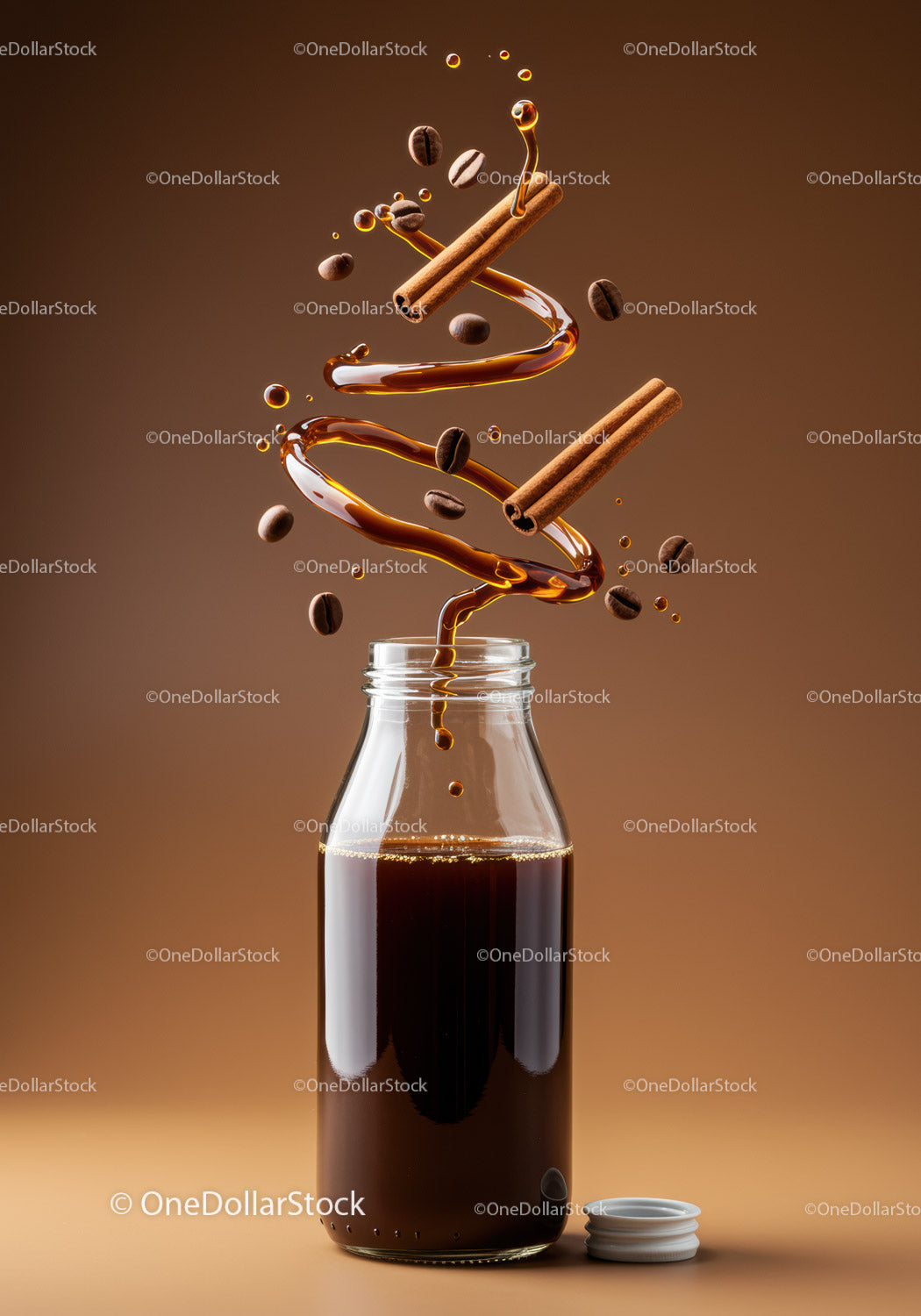 Glass Bottle of Coffee with Cinnamon and Coffee Beans