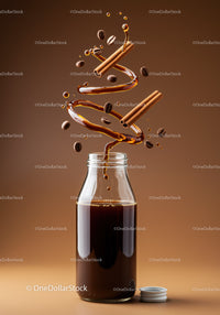 Glass Bottle of Coffee with Cinnamon and Coffee Beans