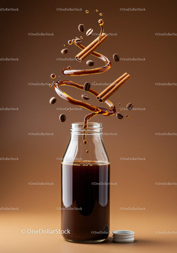 Glass Bottle of Coffee with Cinnamon and Coffee Beans