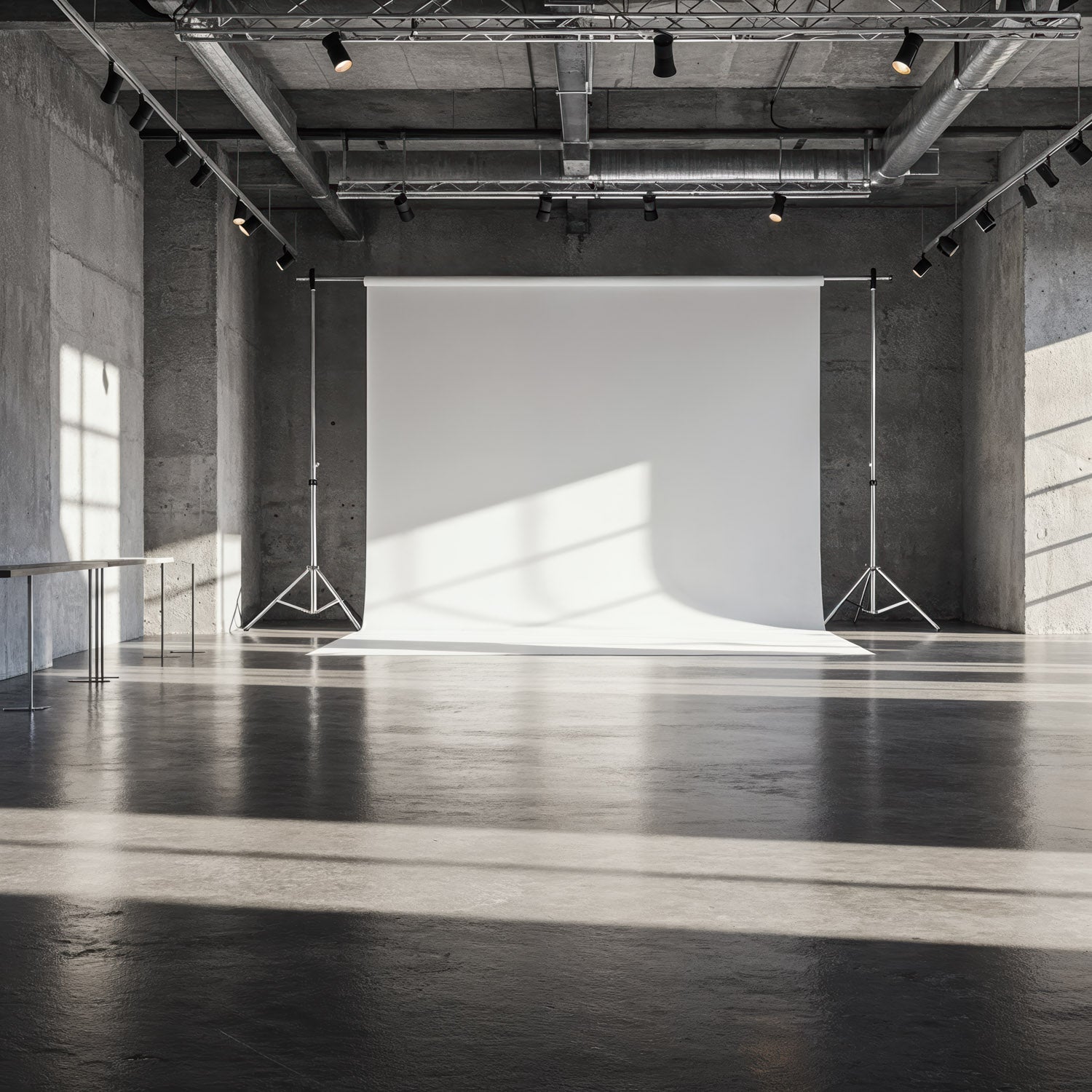 Minimalist Industrial Photo Studio with White Backdrop