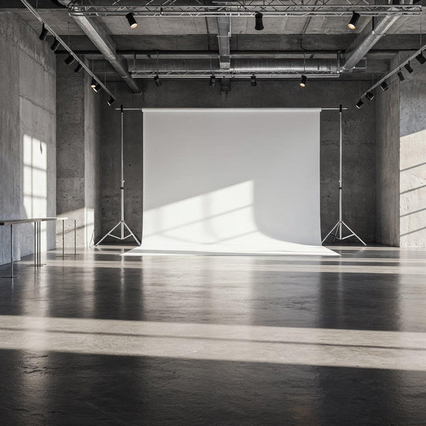 Minimalist Industrial Photo Studio with White Backdrop JPG Mockup Image