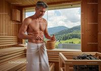 Man in Wooden Sauna with Mountain View and Rocky Sauna Heater