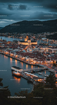 Night Cityscape with Illuminated Historic Buildings and Waterfront