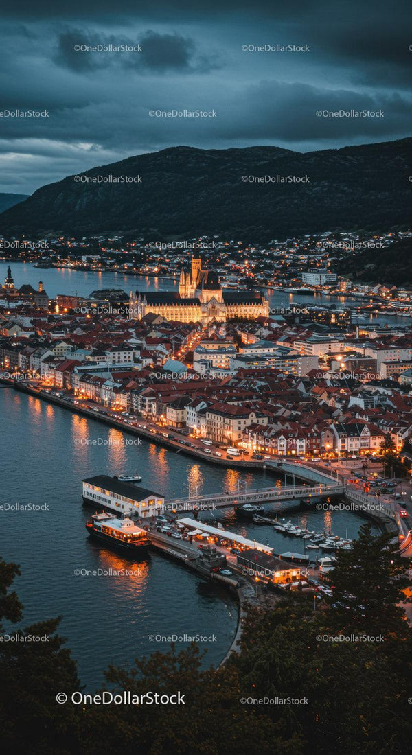 Night Cityscape with Illuminated Historic Buildings and Waterfront