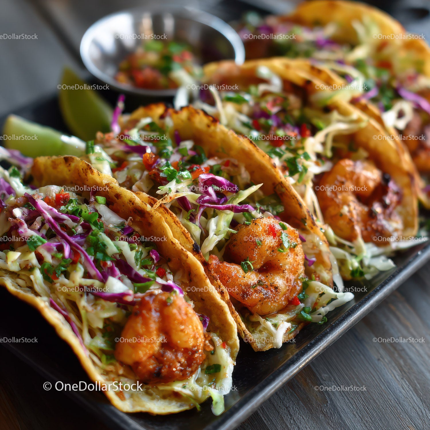 Shrimp Tacos with Fresh Vegetables and Lime on Black Serving Tray
