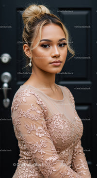 Elegant young woman in detailed lace dress posing outdoors