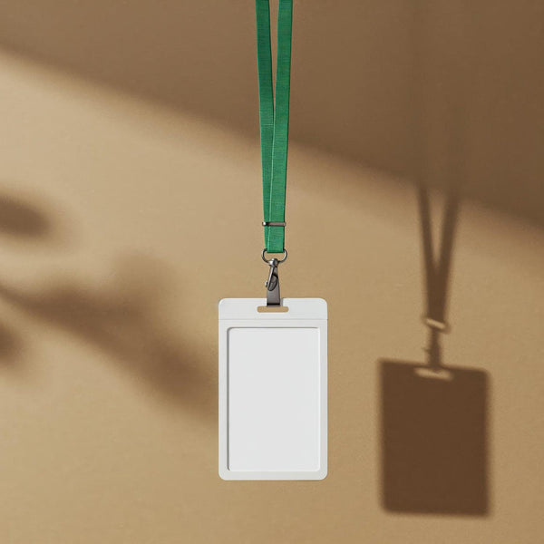 Blank ID Badge with Green Lanyard Hanging on Wall JPG Mockup Image