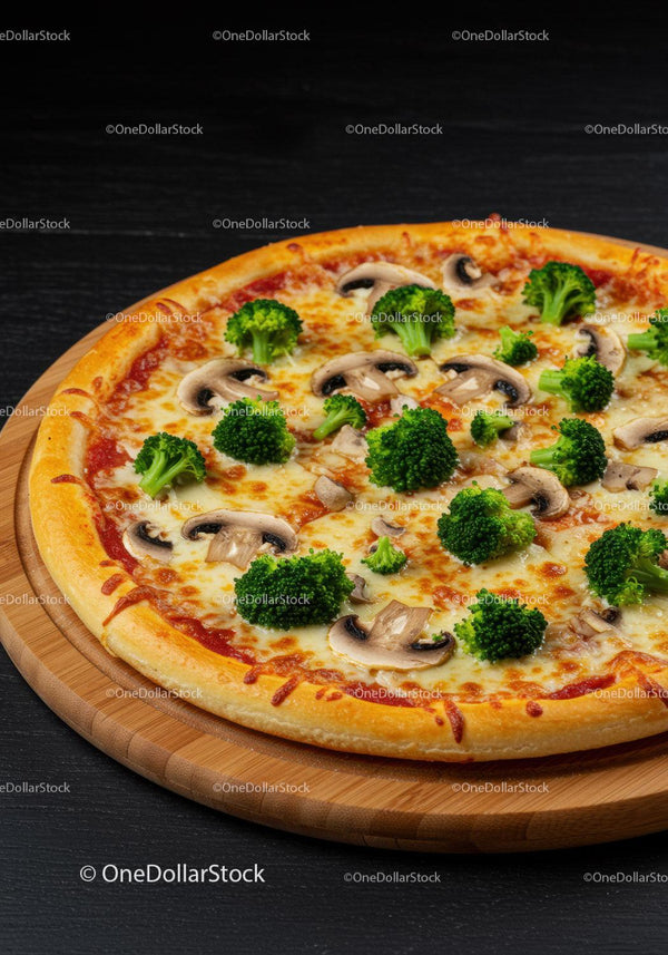 Vegetarian pizza topped with broccoli and mushrooms