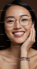 Smiling woman wearing round glasses and silver bracelets