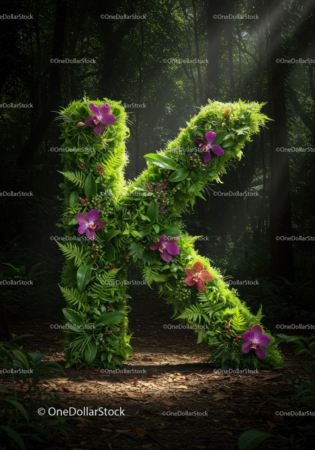 Letter K formed by lush tropical plants and orchids