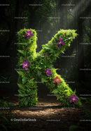 Letter K formed by lush tropical plants and orchids