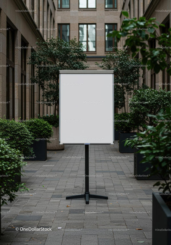 Blank whiteboard in urban courtyard surrounded by greenery JPG Mockup Image