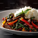 Colorful Beef Stir-Fry with Vegetables and Rice on White Plate