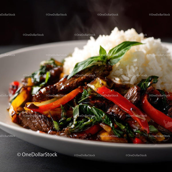 Colorful Beef Stir-Fry with Vegetables and Rice on White Plate