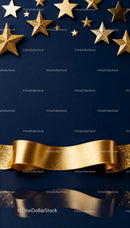Golden Stars and Ribbon on Navy Blue Background