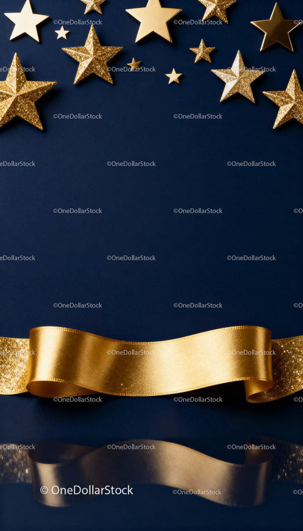 Golden Stars and Ribbon on Navy Blue Background