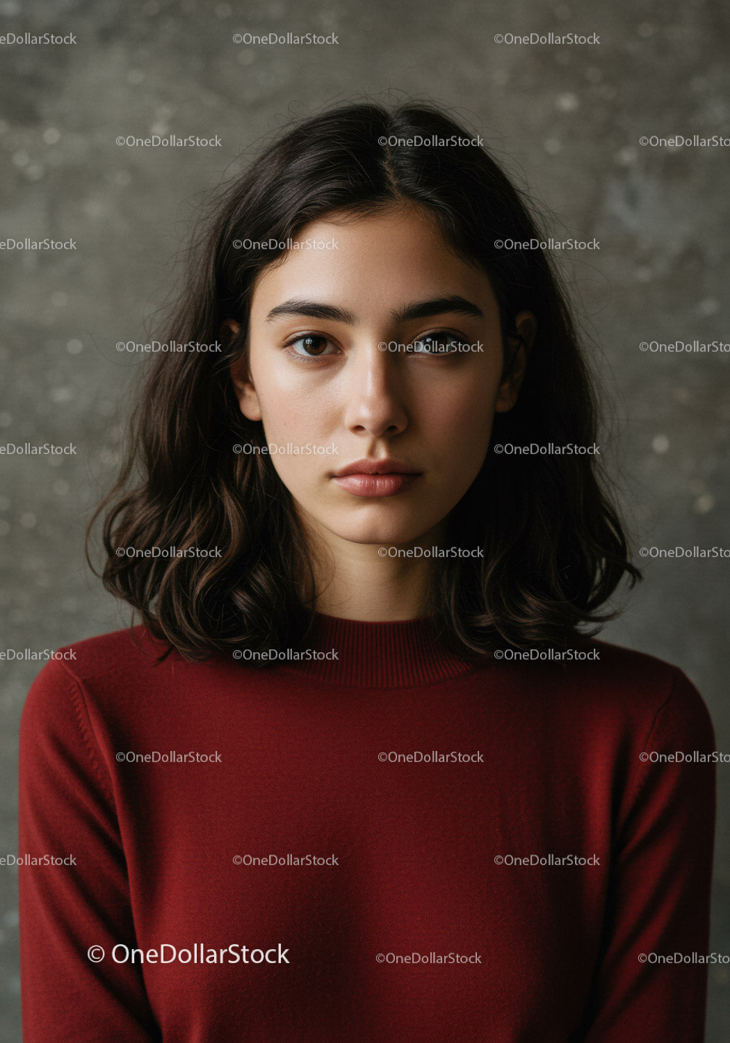 Portrait of a Young Woman in a Red Sweater with Calm Expression