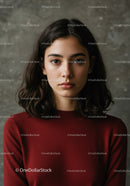 Portrait of a Young Woman in a Red Sweater with Calm Expression