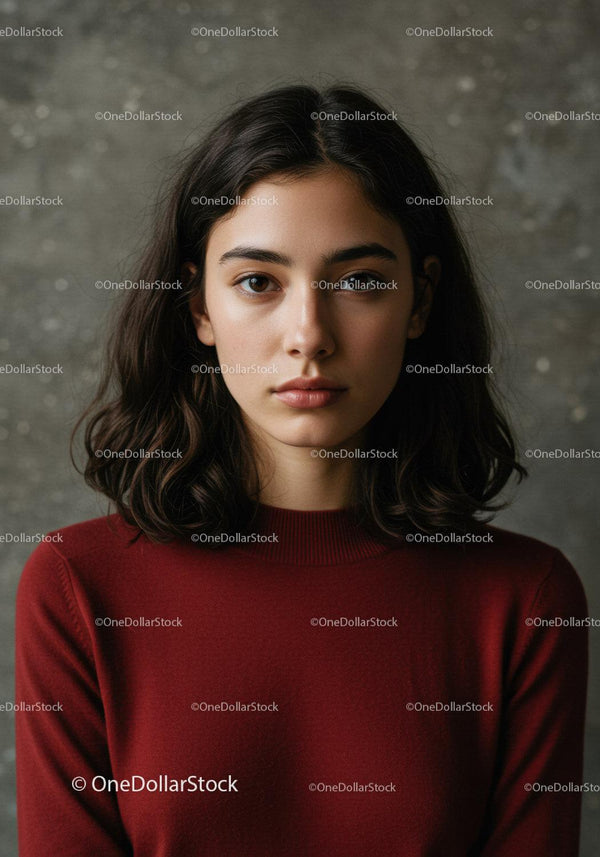 Portret młodej kobiety w czerwonym swetrze z spokojnym wyrazem twarzy