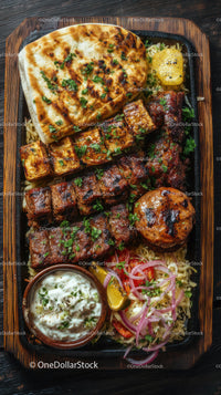 Grilled Meat Skewers with Roasted Vegetables and Yogurt Sauce